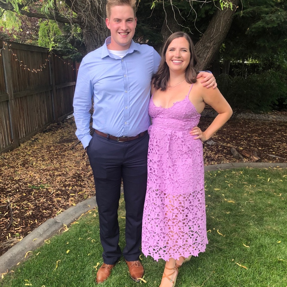 Astr the label pink lace midi dress